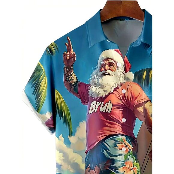 Men's 2XL Christmas Surfing Santa Hawaiian Shirt Button-Up Shirt w Pocket #F - Picture 3 of 4